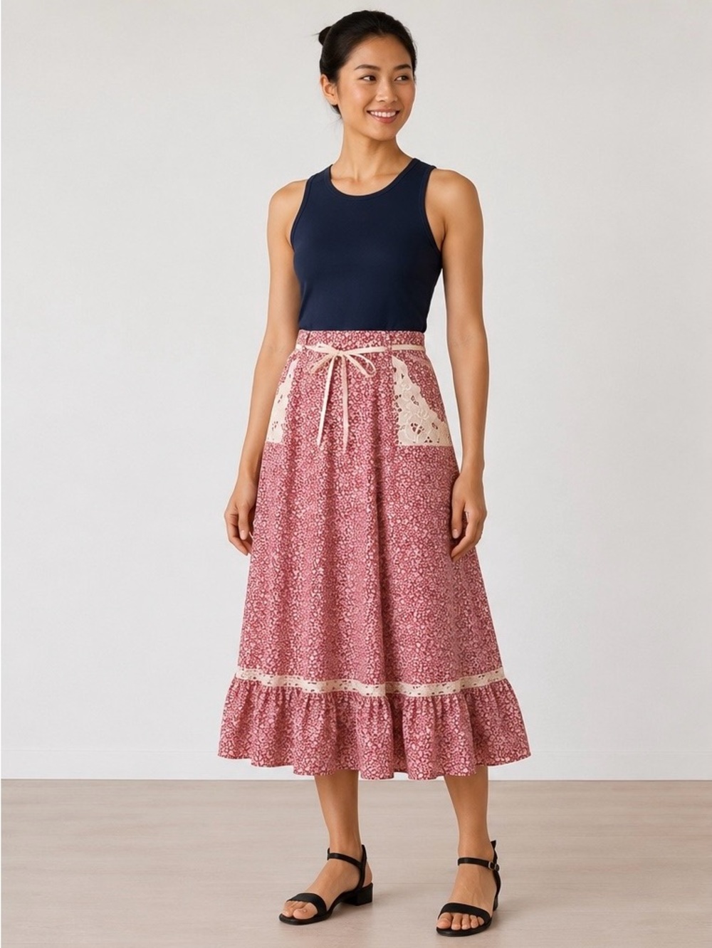 Vintage Handmade Prairie Cottagecore Skirt Floral Lace Gunne Sax Style XS